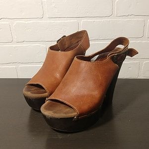 Tan leather peeptoe clog heels